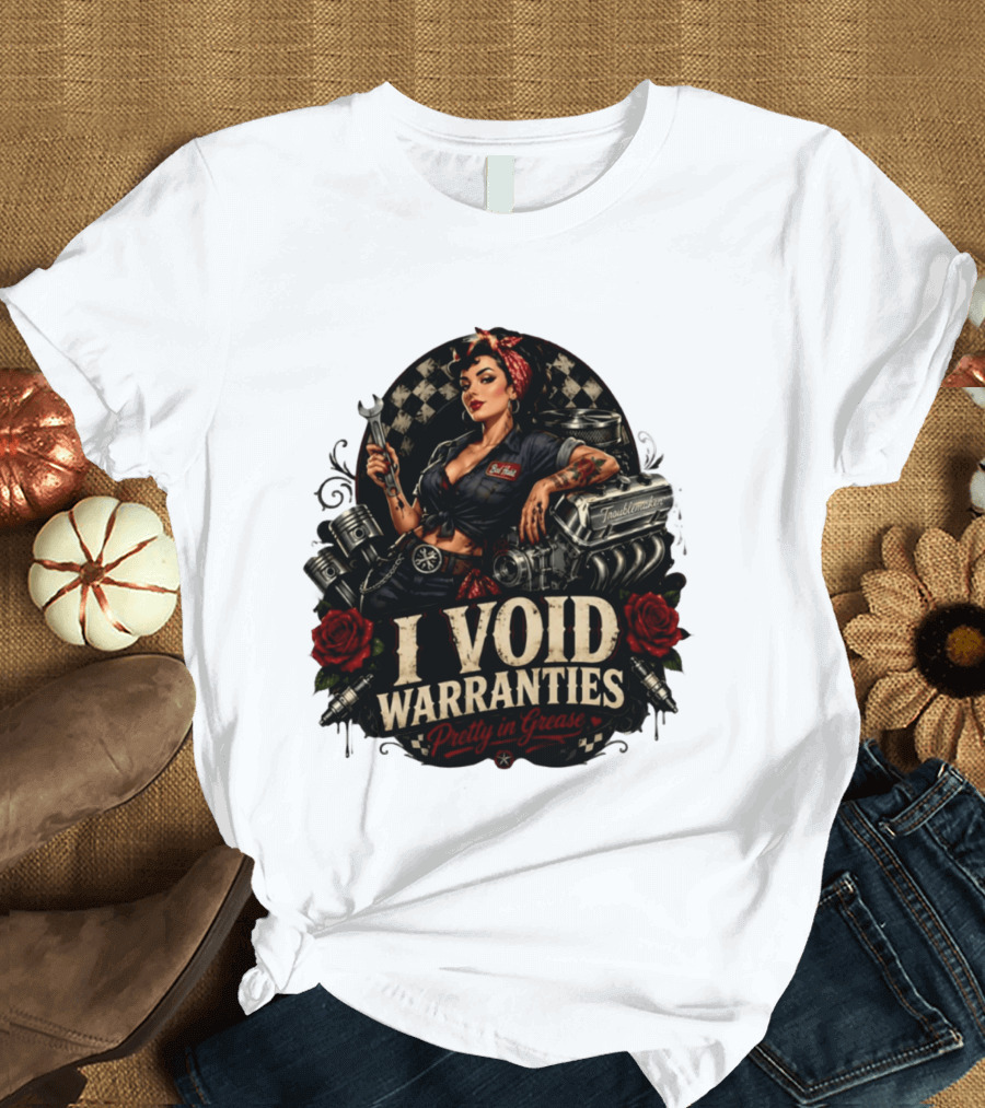 I Void Warranties Pretty In Grease Pin Up Girl Mechanic Troublemaker Engine Piston Rose Checkered T-Shirt