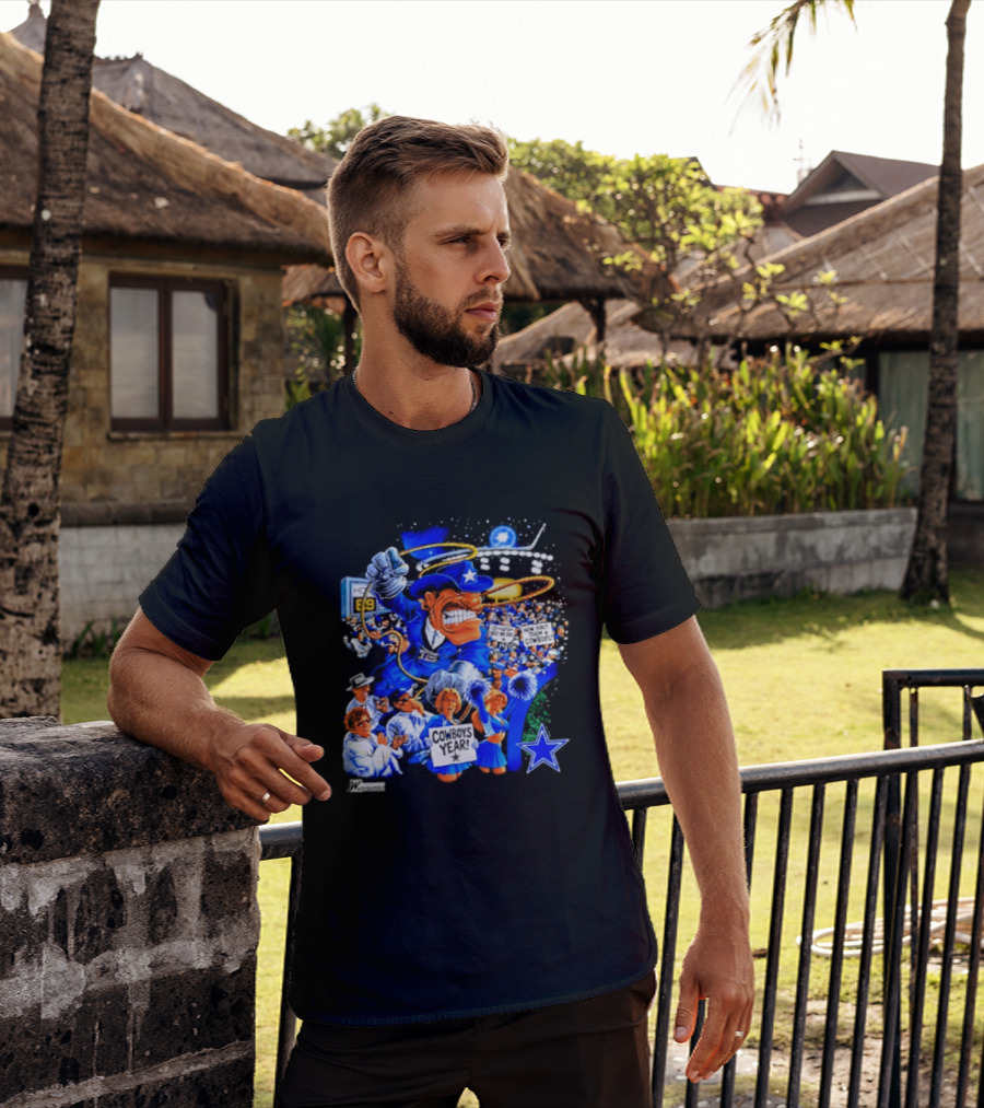 Dallas Cowboys Rowdy Mascot With Star And Cheerleaders Retro Cartoon T-Shirt