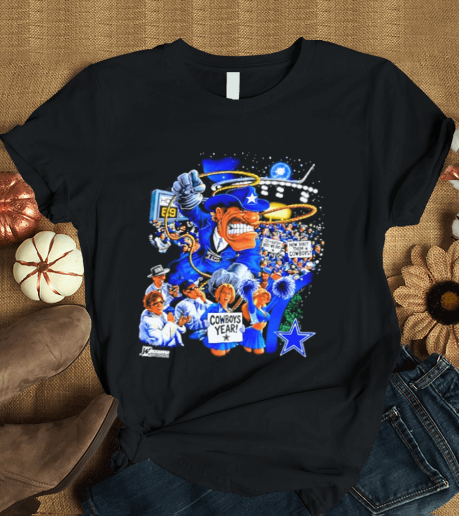 Dallas Cowboys Rowdy Mascot With Star And Cheerleaders Retro Cartoon T-Shirt