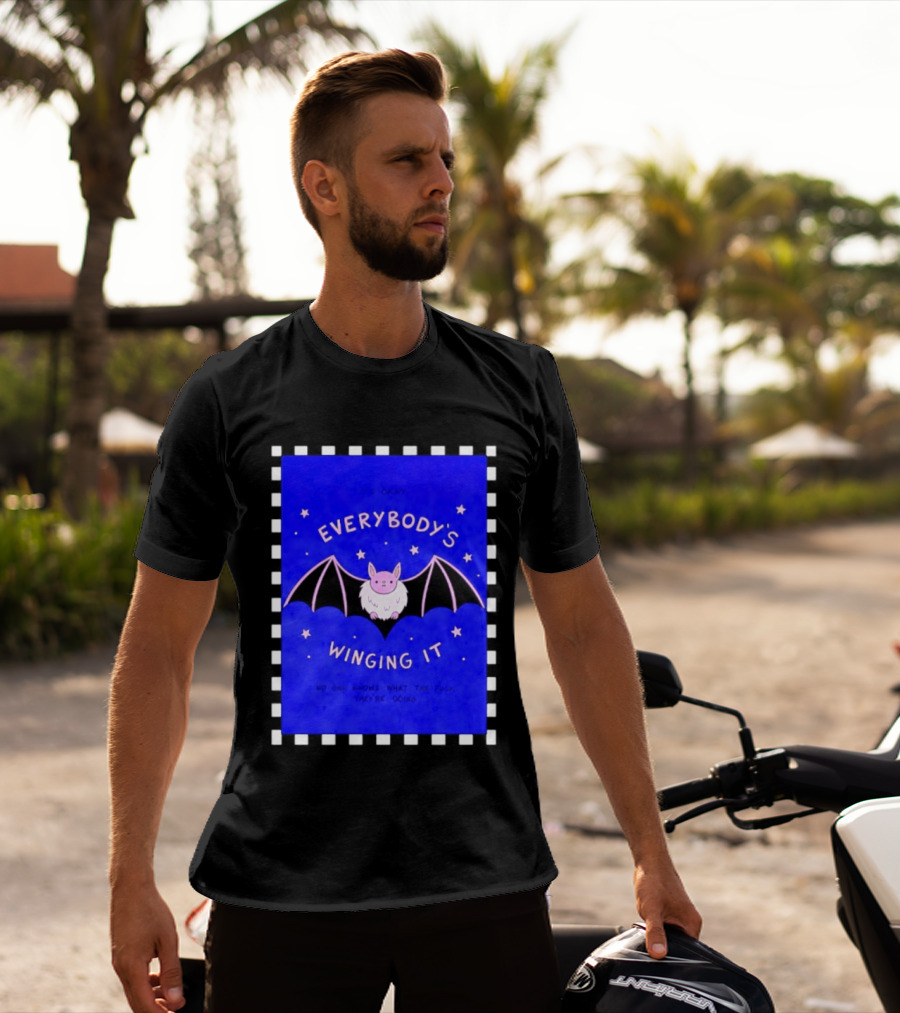 It's Okay Everybody's Winging It No One Knows What They're Doing Pink Bat With Stars T-Shirt