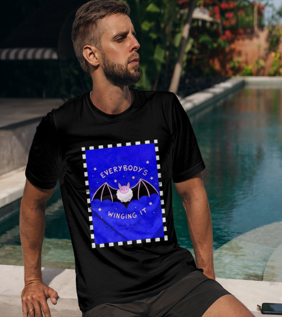 It's Okay Everybody's Winging It No One Knows What They're Doing Pink Bat With Stars T-Shirt