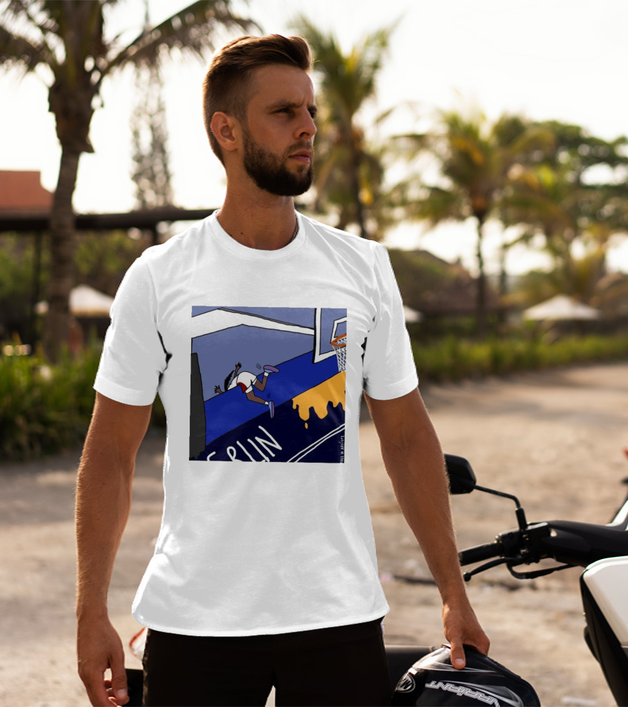 Basketball Player Diving Off Court Cartoon NBA Fan Art By Reuben Armstrong T-Shirt