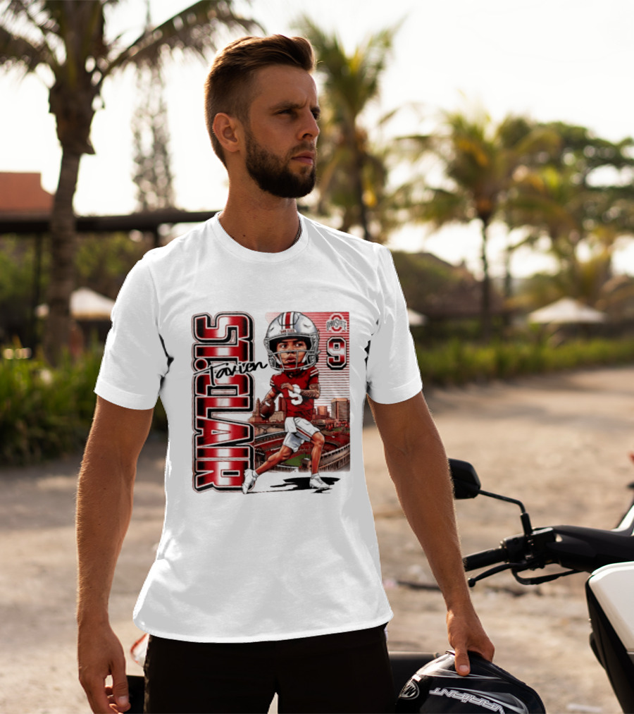 Tavien St. Clair 9 Ohio State Buckeyes Player Caricature With Ohio Stadium T-Shirt