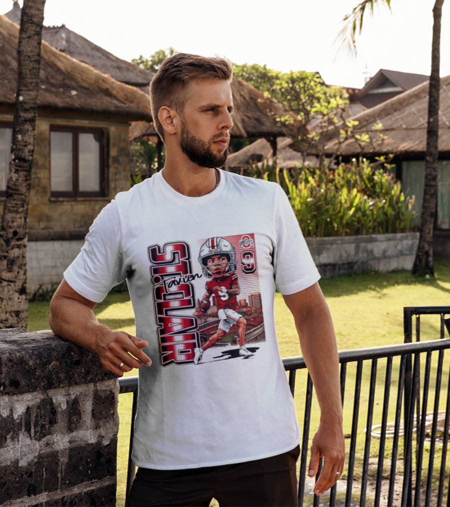 Tavien St. Clair 9 Ohio State Buckeyes Player Caricature With Ohio Stadium T-Shirt