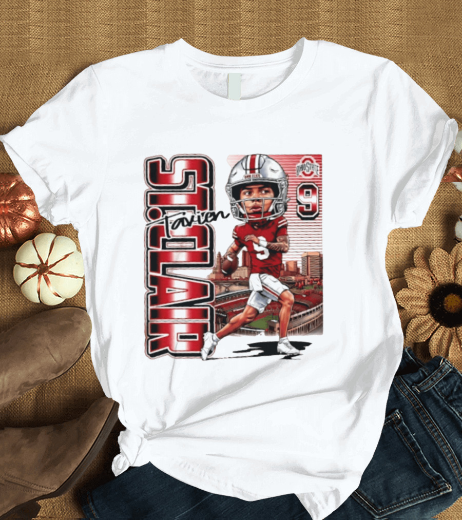 Tavien St. Clair 9 Ohio State Buckeyes Player Caricature With Ohio Stadium T-Shirt