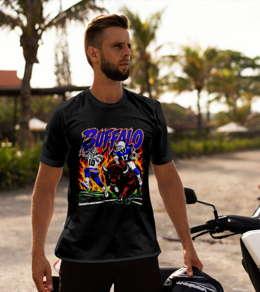 Buffalo Bills Flaming Skeleton Football Players Number 10 And 17 T-Shirt