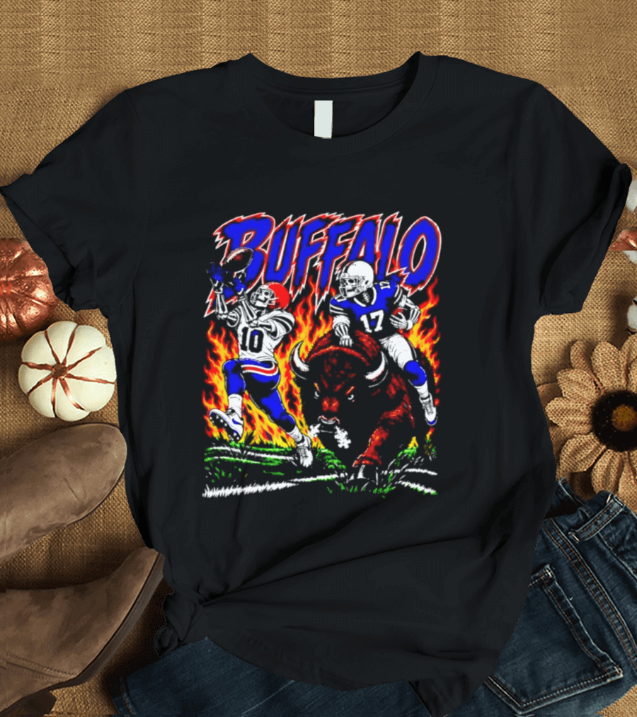 Buffalo Bills Flaming Skeleton Football Players Number 10 And 17 T-Shirt