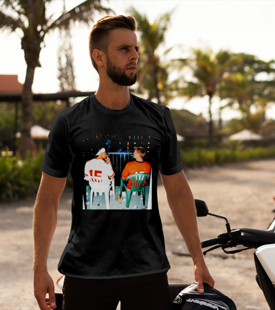 Patrick Mahomes Kansas City Chiefs And Bo Nix Denver Broncos Smoking Behind Skyline T-Shirt