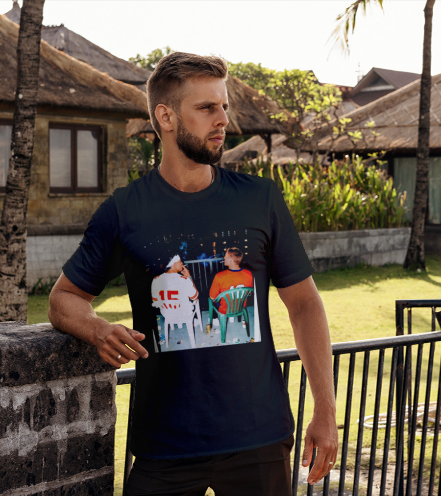 Patrick Mahomes Kansas City Chiefs And Bo Nix Denver Broncos Smoking Behind Skyline T-Shirt