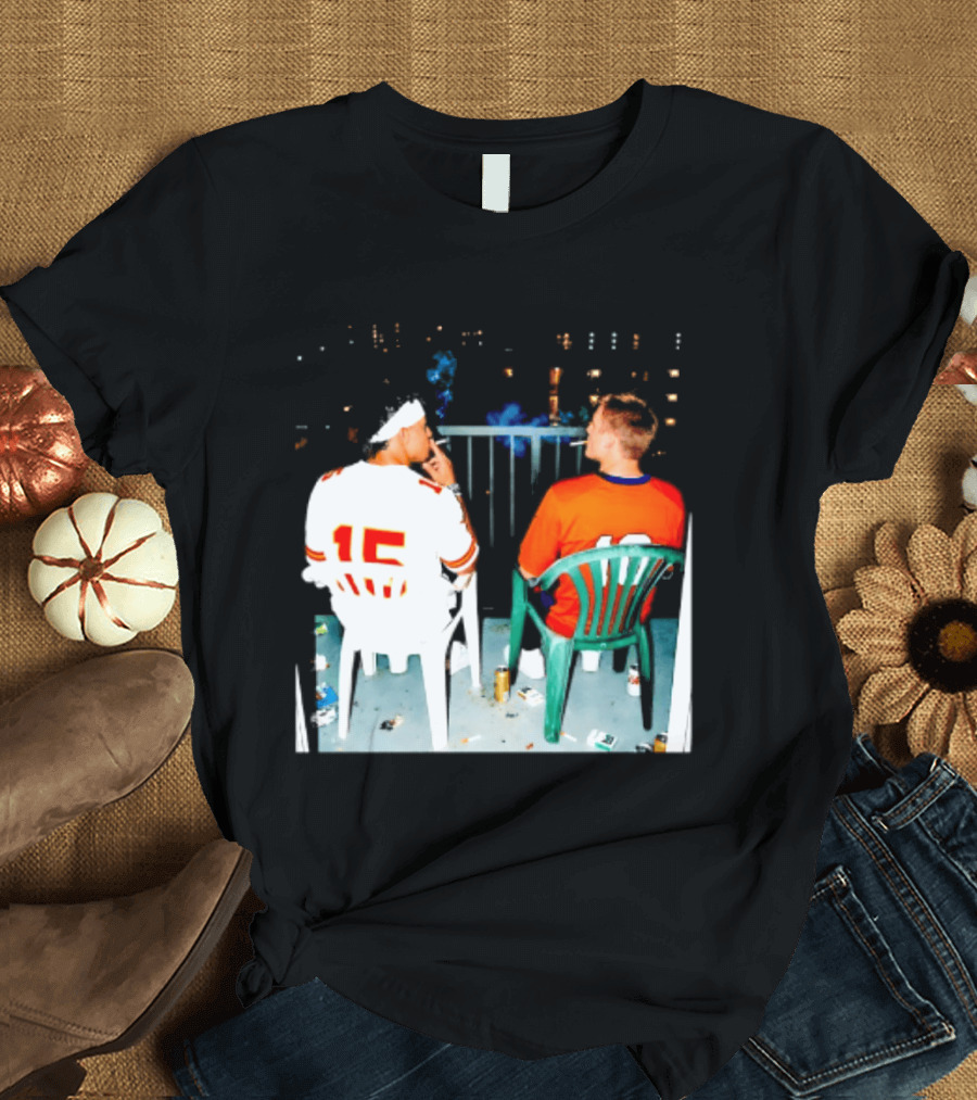 Patrick Mahomes Kansas City Chiefs And Bo Nix Denver Broncos Smoking Behind Skyline T-Shirt
