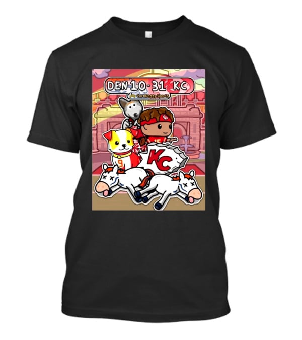 CornDoggy Sports DEN 10 31 KC Denver Broncos Vs Kansas City Chiefs Cartoon Characters And Dogs With Football T-Shirt