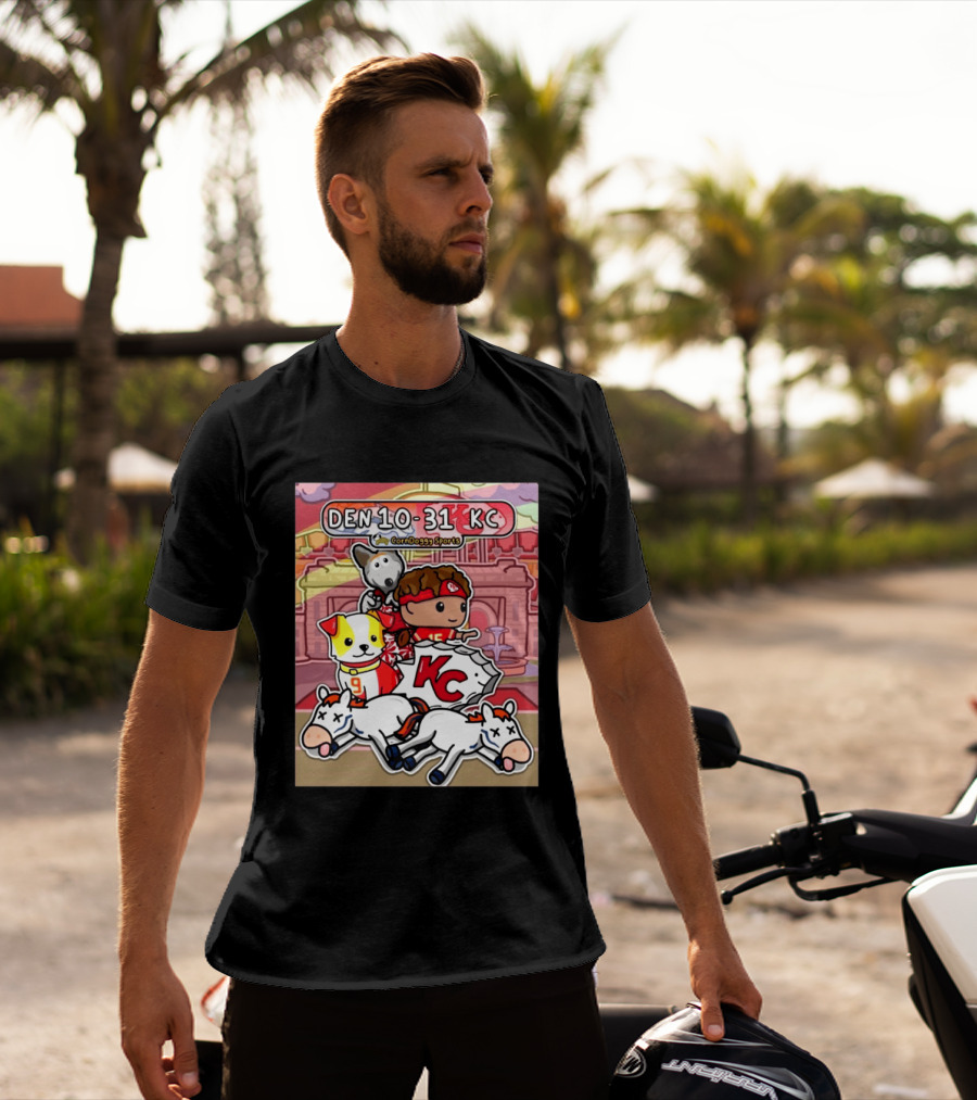 CornDoggy Sports DEN 10 31 KC Denver Broncos Vs Kansas City Chiefs Cartoon Characters And Dogs With Football T-Shirt