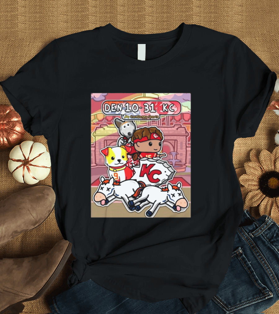 CornDoggy Sports DEN 10 31 KC Denver Broncos Vs Kansas City Chiefs Cartoon Characters And Dogs With Football T-Shirt
