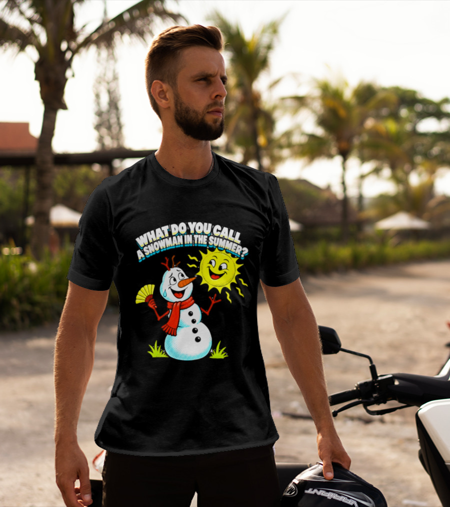 What Do You Call A Snowman In The Summer A Puddle Funny Sun And Fan T-Shirt