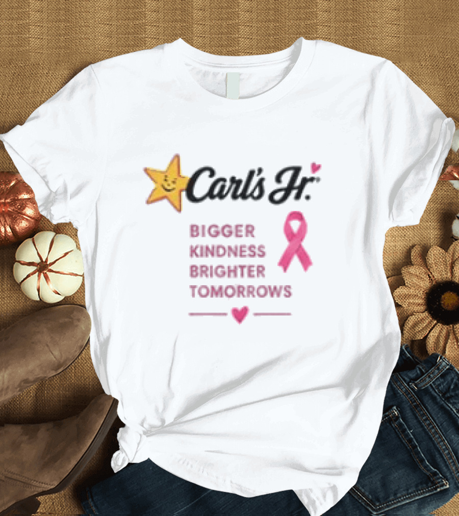 Carl's Jr Bigger Kindness Brighter Tomorrows Pink Ribbon Breast Cancer Awareness T-Shirt