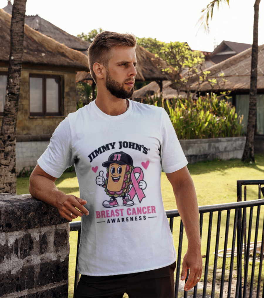 Jimmy John's Pink Ribbon Breast Cancer Awareness Sandwich JJ Hat Hearts T-Shirt