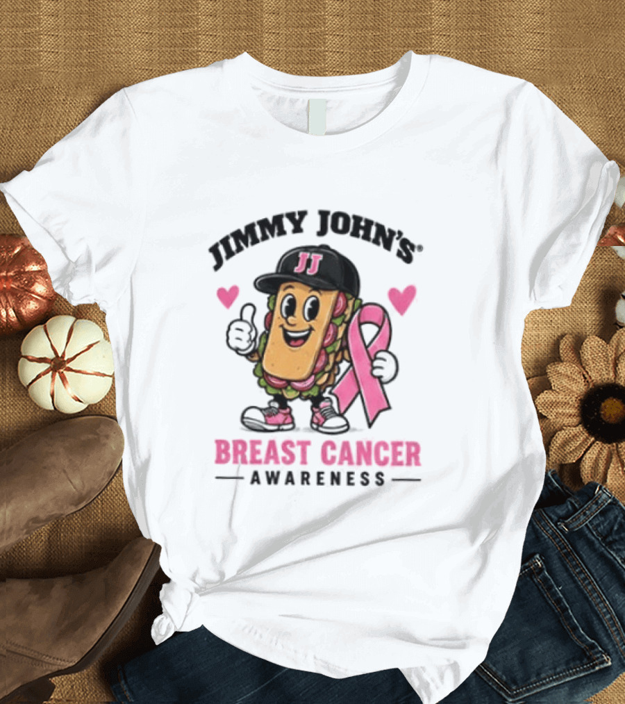Jimmy John's Pink Ribbon Breast Cancer Awareness Sandwich JJ Hat Hearts T-Shirt