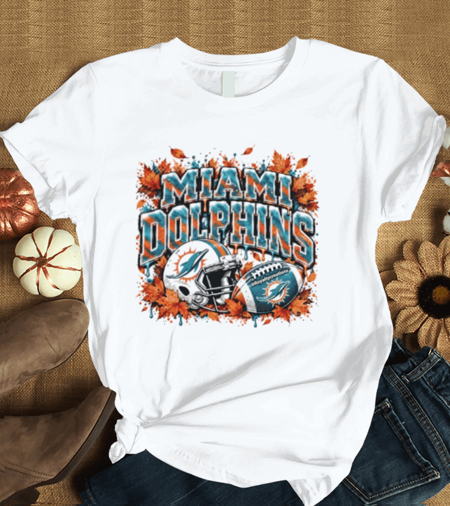 Miami Dolphins Football Helmet Autumn Leaves Halloween 2026 T-Shirt