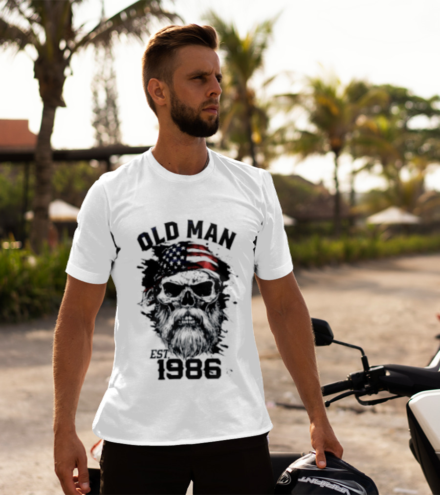 Old Man Est 1986 Skull American Flag Bandana T-Shirt