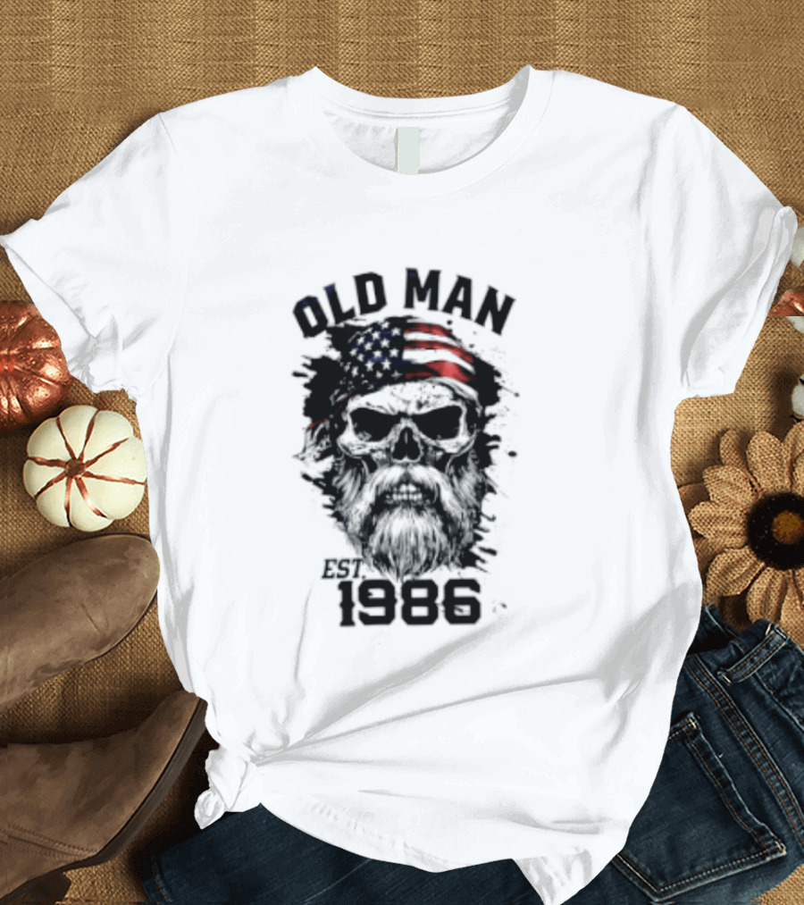 Old Man Est 1986 Skull American Flag Bandana T-Shirt