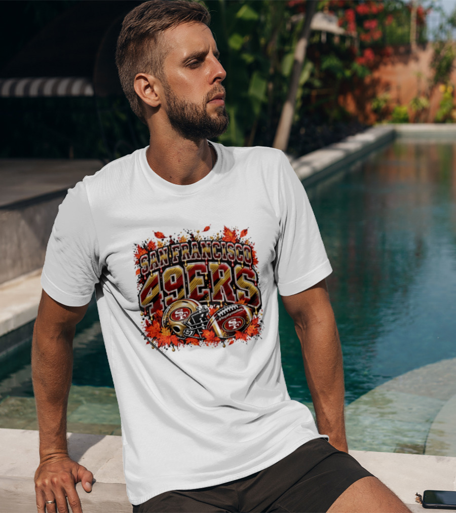 San Francisco 49ers Helmet And Football Autumn Leaves 2026 T-Shirt