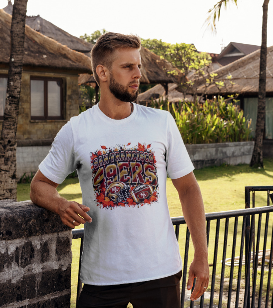 San Francisco 49ers Helmet And Football Autumn Leaves 2026 T-Shirt