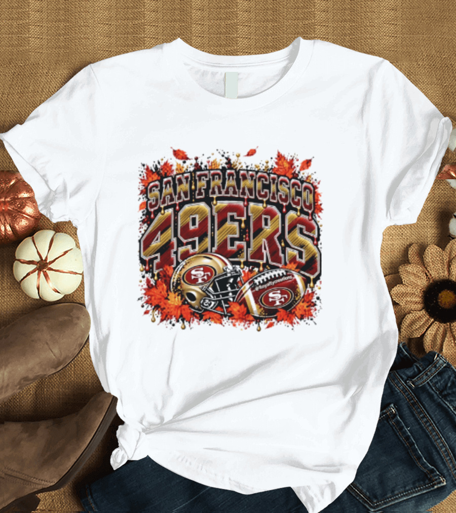 San Francisco 49ers Helmet And Football Autumn Leaves 2026 T-Shirt