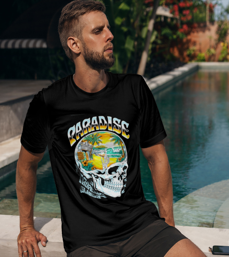 Paradise Tropical Island Skull Surf Shop Beach Scene T-Shirt