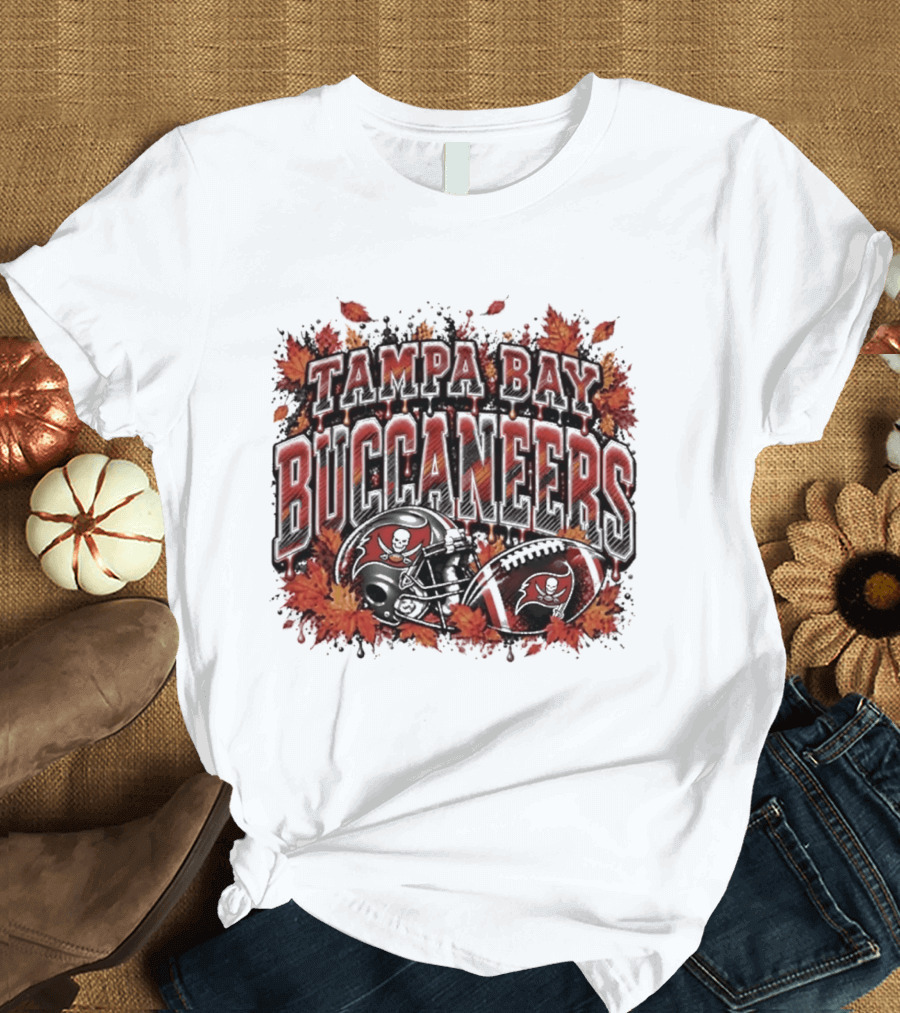 Tampa Bay Buccaneers Helmet And Football With Autumn Leaves Halloween 2026 T-Shirt
