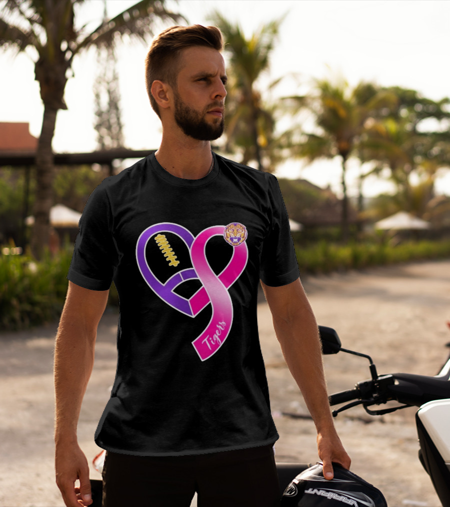 LSU Tigers Breast Cancer Awareness 2026 Heart Ribbon Football T-Shirt