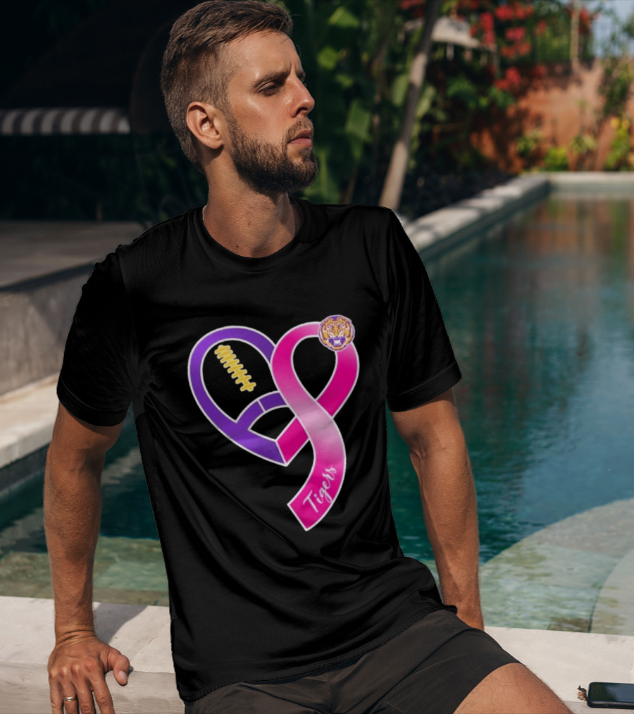 LSU Tigers Breast Cancer Awareness 2026 Heart Ribbon Football T-Shirt