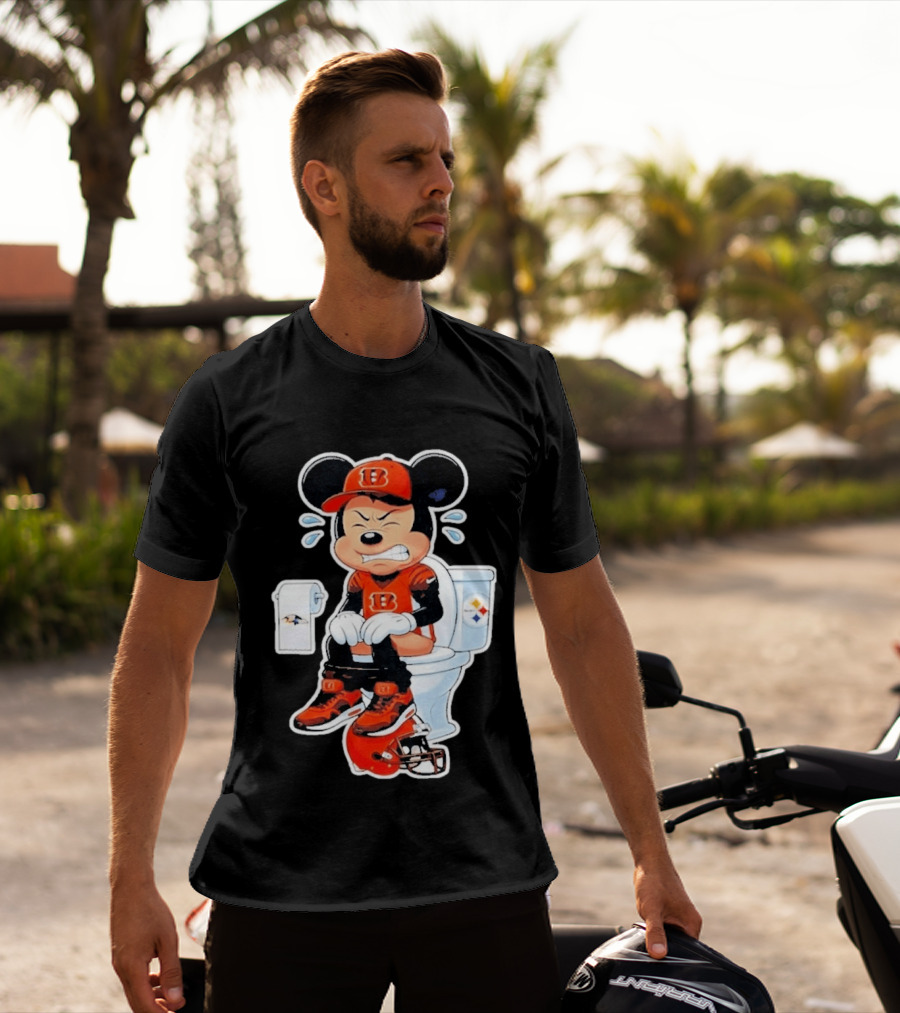 Mickey Cincinnati Bengals Mascot On Toilet Rival Baltimore Ravens Steelers Football Helmet T-Shirt