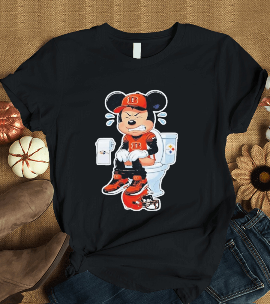 Mickey Cincinnati Bengals Mascot On Toilet Rival Baltimore Ravens Steelers Football Helmet T-Shirt
