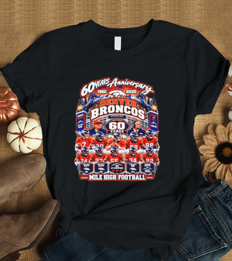 Denver Broncos 60 Years Anniversary 1960 2020 Mile High Football Champions Iconic Moments T-Shirt