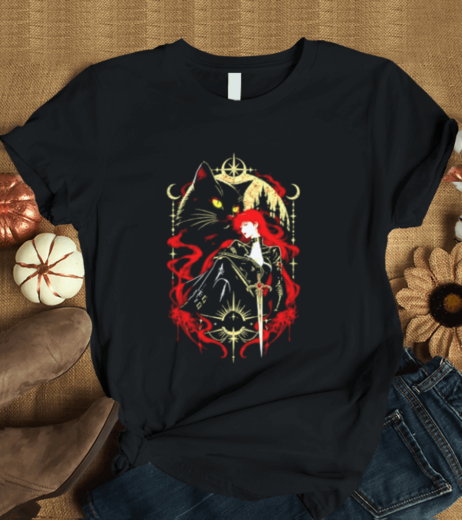 Gothic Red Haired Woman Black Cat Sword Magical T-Shirt