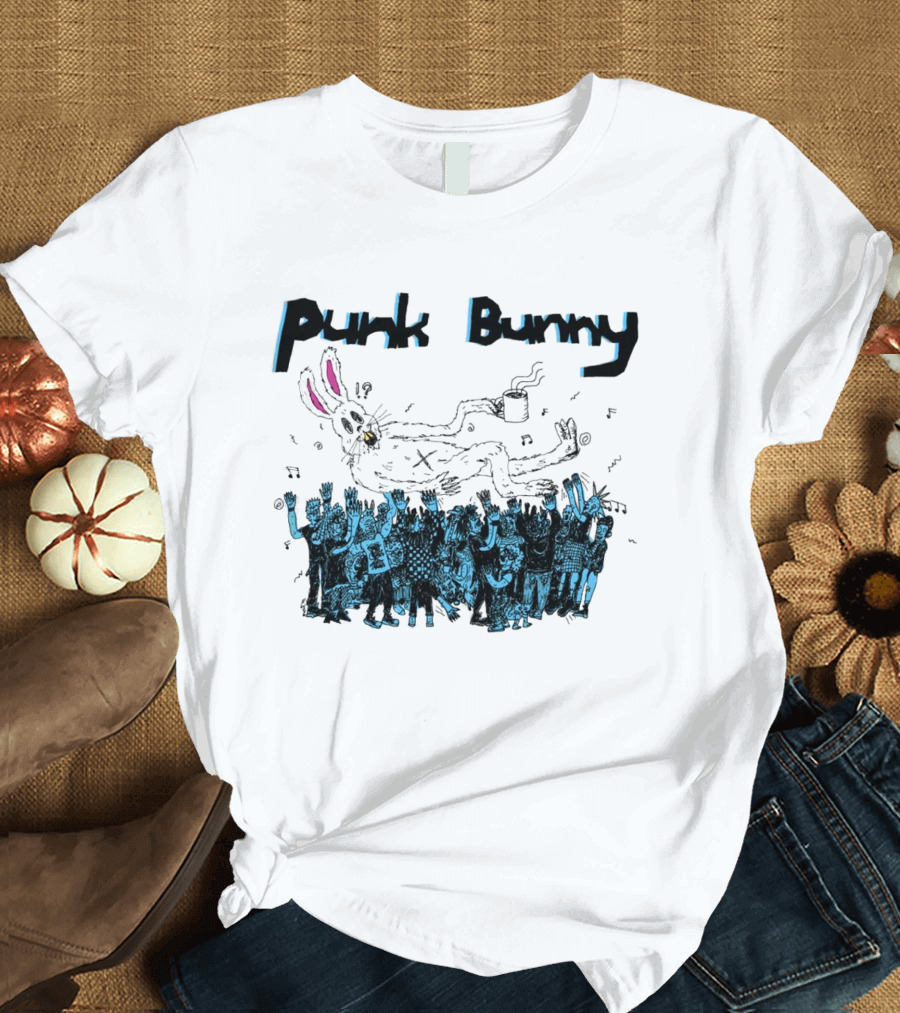 Punk Bunny Coffee Cup Crowd Green Day Style White T-Shirt