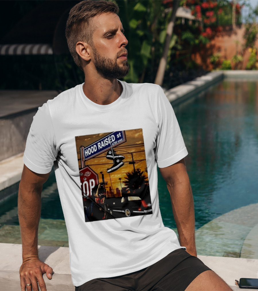 Hood Raised Street 4700 East Rottweiler Lowrider Sneakers And Sunset Urban Scene T-Shirt