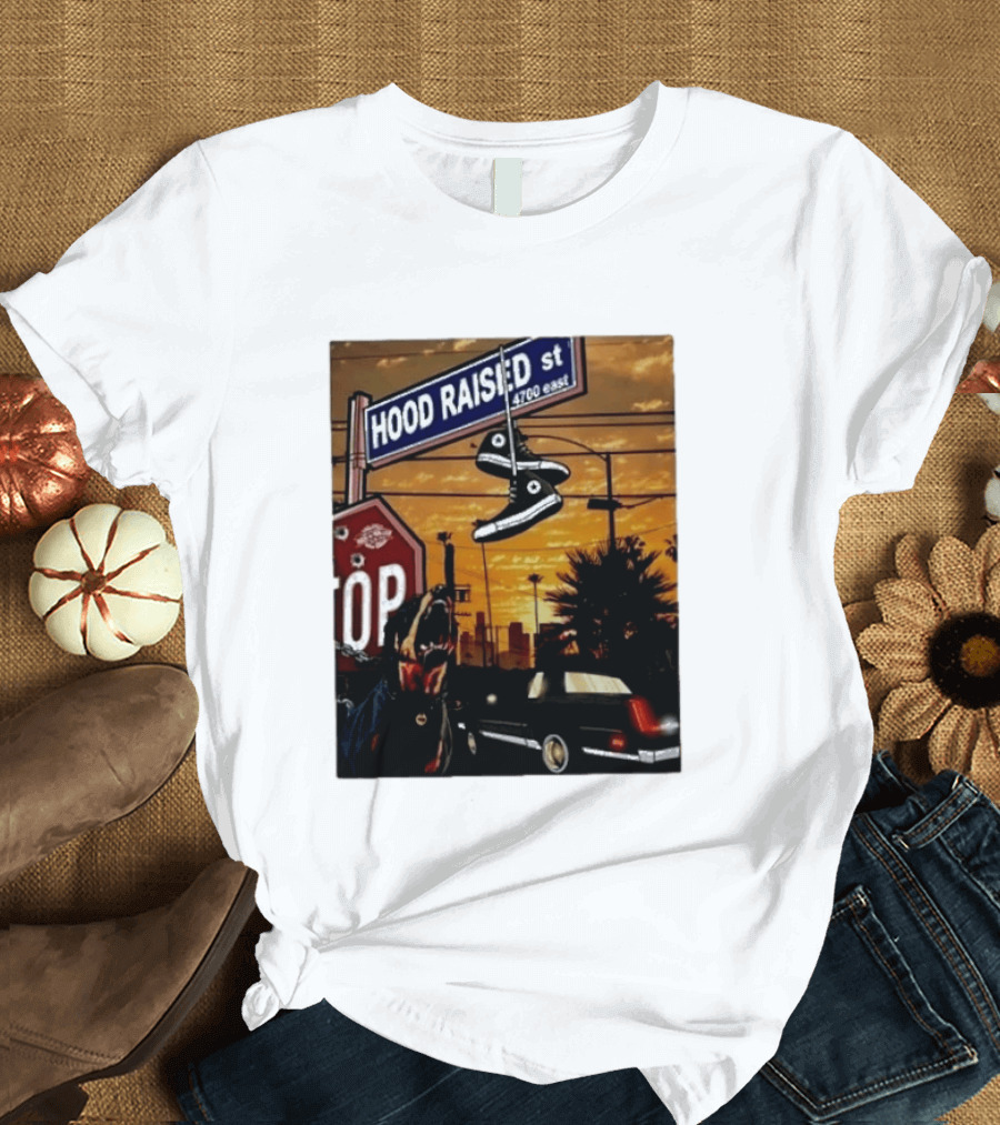Hood Raised Street 4700 East Rottweiler Lowrider Sneakers And Sunset Urban Scene T-Shirt