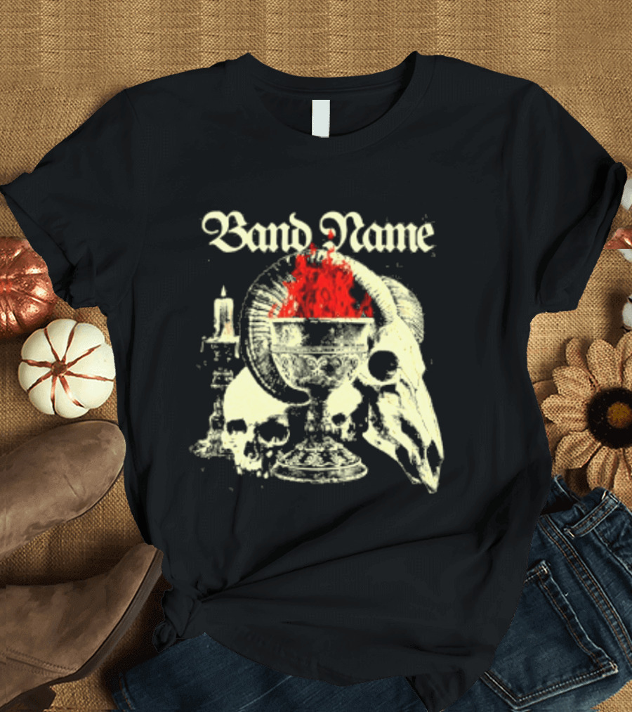 Band Name Skull Chalice Candle Flames Heavy Metal T-Shirt