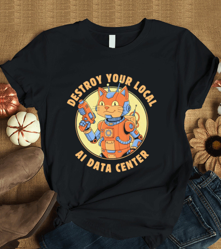 Destroy Your Local AI Data Center Robot Cat Retro Futuristic T-Shirt