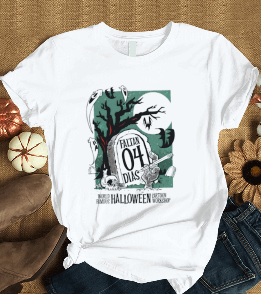 Faltan 04 Dias World Famous Halloween Cartoon Workshop Spooky Tree And Bats T-Shirt