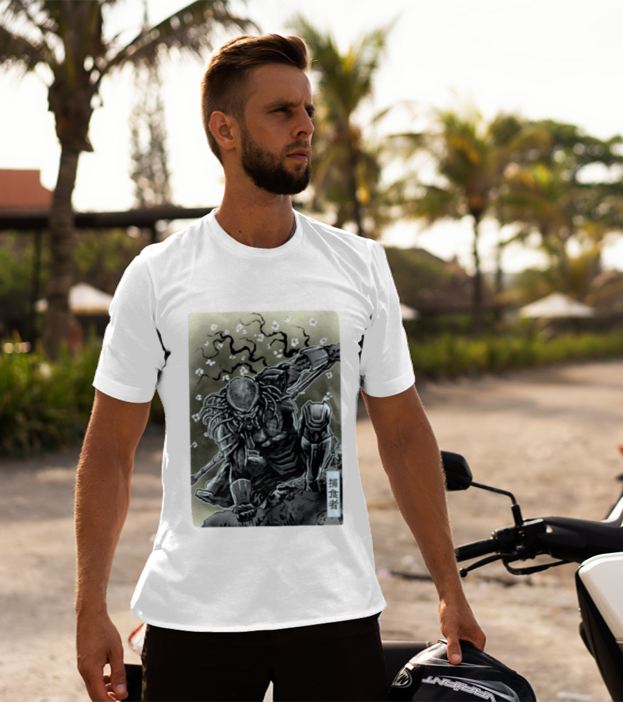 Yautja Samurai Mashup With Cherry Blossoms T-Shirt