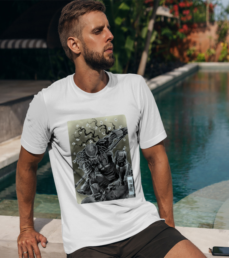 Yautja Samurai Mashup With Cherry Blossoms T-Shirt