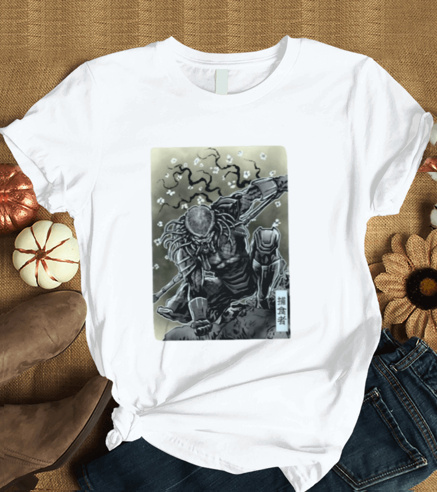Yautja Samurai Mashup With Cherry Blossoms T-Shirt