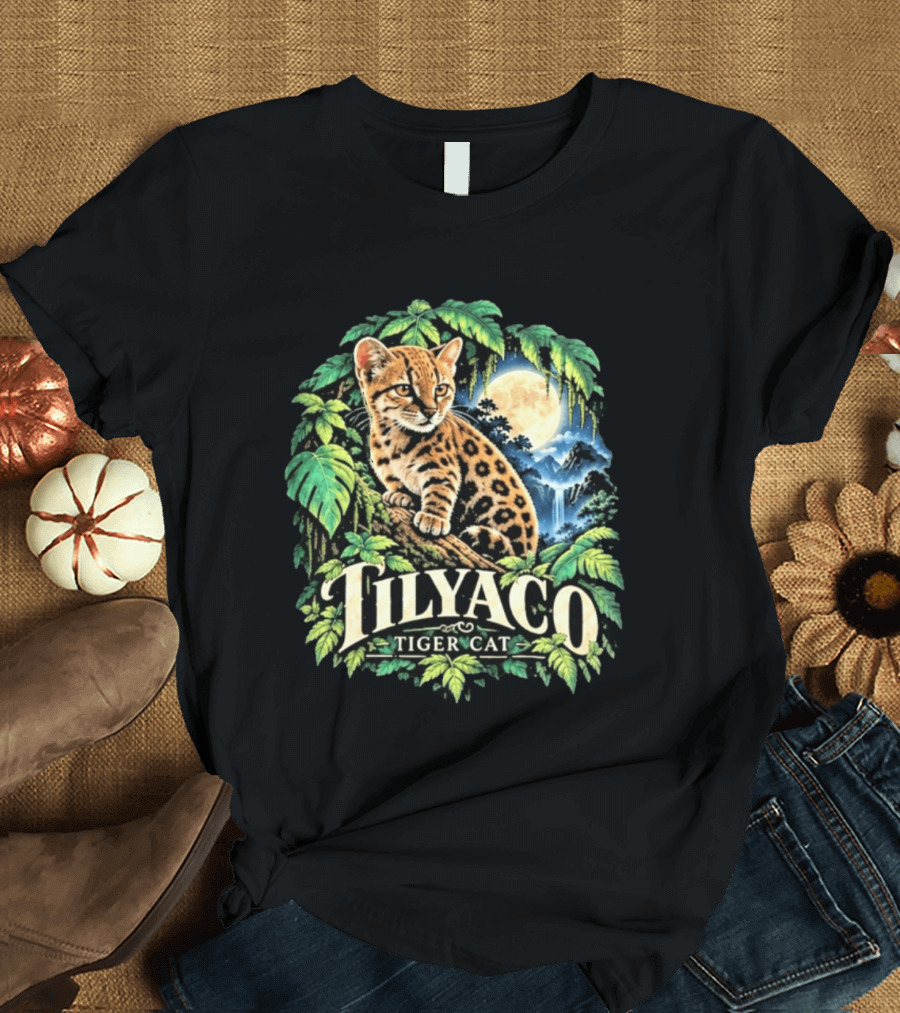Tilyaco Tiger Cat Jungle Moonlit Scene T-Shirt