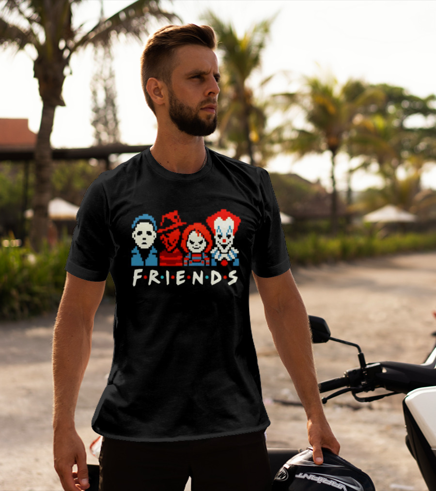 Friends Horror Movie Characters Pixel Art Michael Freddy Chucky Pennywise T-Shirt