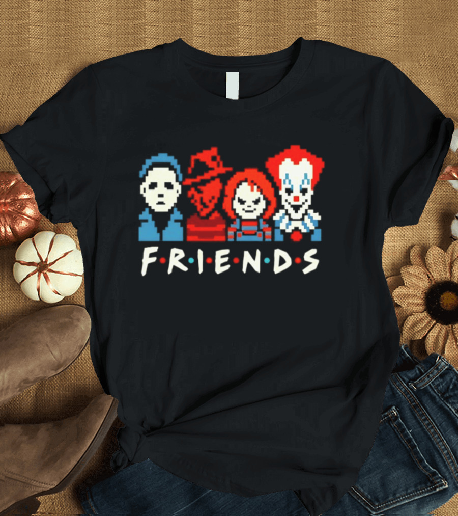 Friends Horror Movie Characters Pixel Art Michael Freddy Chucky Pennywise T-Shirt