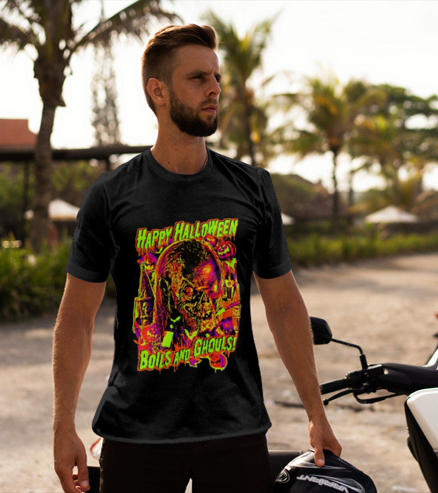 Happy Halloween Boils And Ghouls Horror Zombie Pumpkins Candles Spooky Scene T-Shirt