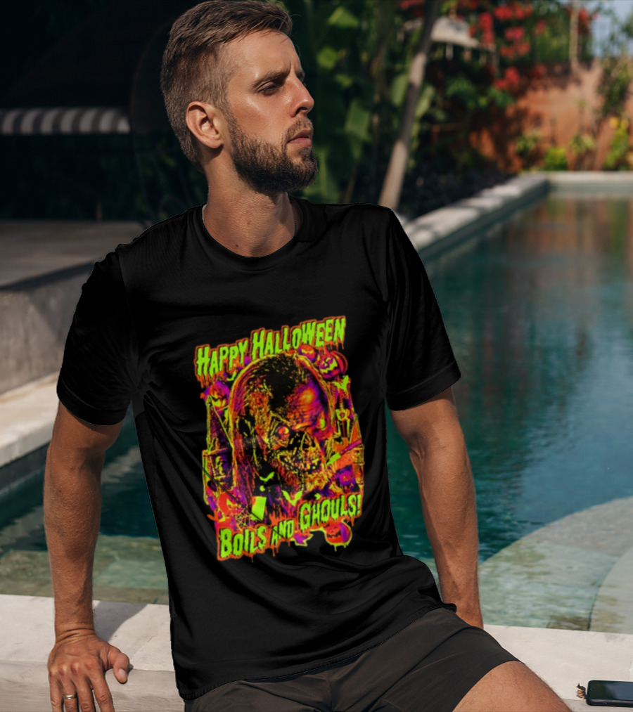Happy Halloween Boils And Ghouls Horror Zombie Pumpkins Candles Spooky Scene T-Shirt