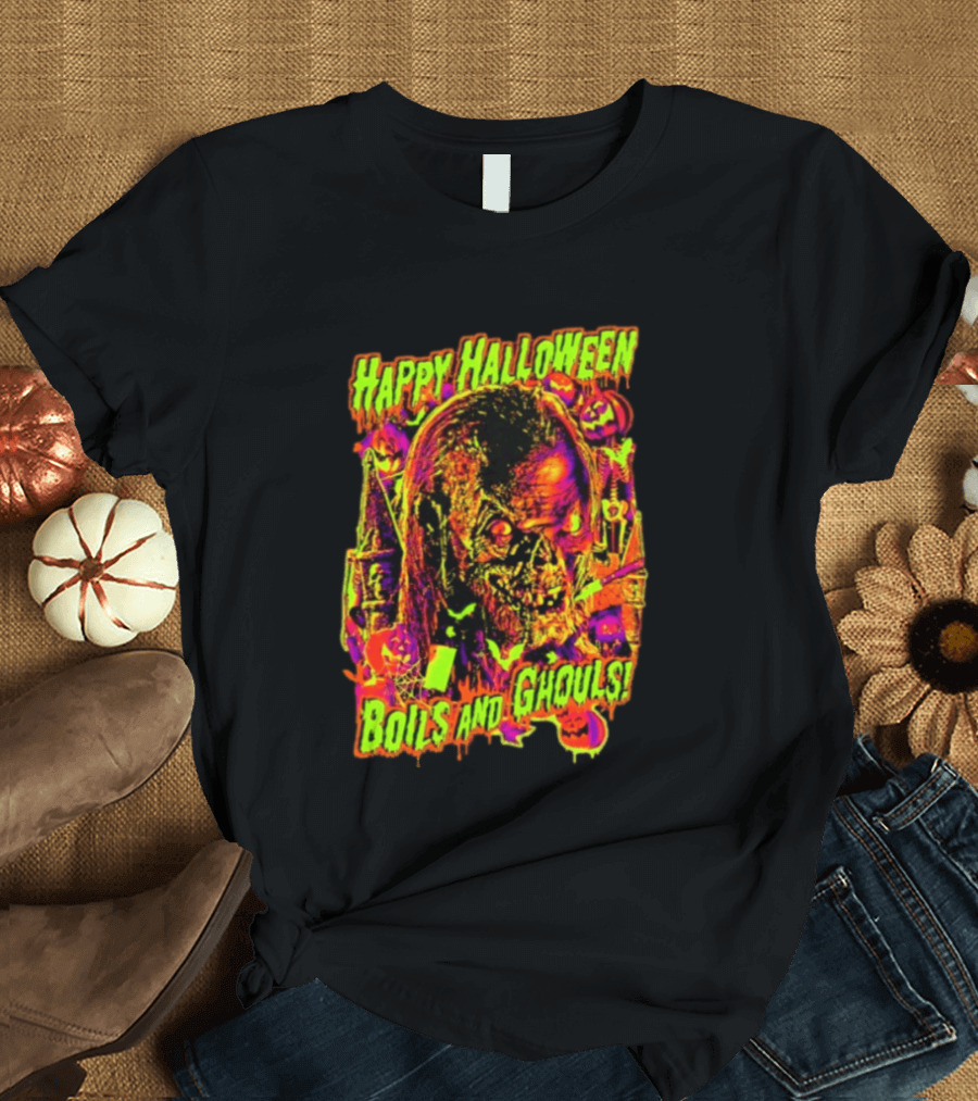 Happy Halloween Boils And Ghouls Horror Zombie Pumpkins Candles Spooky Scene T-Shirt